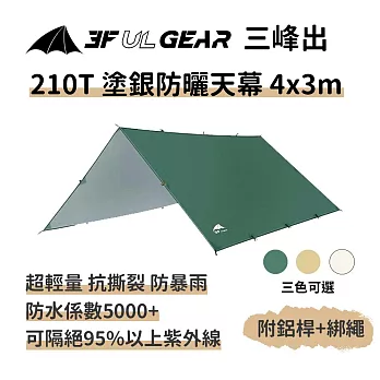 三峰出【210T 塗銀防曬天幕 4*3m 附風繩+天幕桿】輕量 銀膠抗UV 防雨 遮陽 登山 露營 烤肉 抗風 帳篷 無 綠