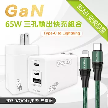 WELLY 65W氮化鎵GaN 極速充電器 三孔輸出+100W iPhone PD 超飛快充傳輸充電線組合 (白色)