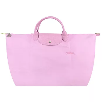 LONGCHAMP LE PLIAGE GREEN系列刺繡短把再生尼龍摺疊旅行袋(小) 粉紅