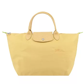 LONGCHAMP LE PLIAGE GREEN系列刺繡短把再生尼龍摺疊水餃包(中) 小麥黃