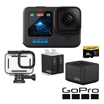 【GoPro】HERO 12 潛水超續航套組 (HERO12單機+60m潛水防護殼+Enduro雙座充+雙電池+64G記憶卡) 正成公司貨