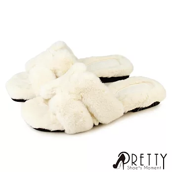 【Pretty】女 拖鞋 毛毛拖鞋 保暖拖鞋 室內拖鞋 絨毛 方頭 EU36 米色