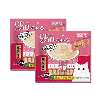 (2袋40入超值組)日本CIAO-啾嚕貓咪營養肉泥幫助消化寵物補水流質點心20入/袋(綠茶消臭成分,毛孩液狀零食獨立包裝) 鮪魚鰹魚(粉紅袋)*2袋