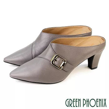 【GREEN PHOENIX】女 穆勒鞋 拖鞋 尖頭 全真皮 高跟 粗跟 台灣製 US8 灰色