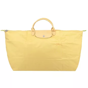 LONGCHAMP LE PLIAGE GREEN系列刺繡短把再生尼龍摺疊旅行袋(中) 小麥黃