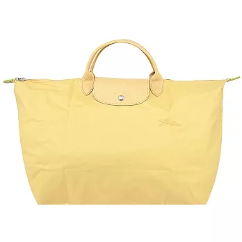 LONGCHAMP LE PLIAGE GREEN系列刺繡短把再生尼龍摺疊旅行袋(大) 小麥黃