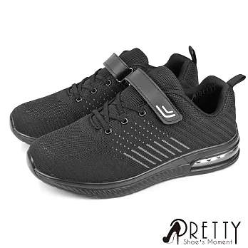 【Pretty】男 運動鞋 休閒鞋 氣墊鞋 沾黏式 輕量厚底 JP27 黑色