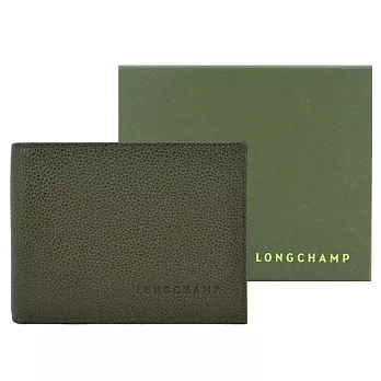 LONGCHAMP LE FOULONNÉ系列牛皮雙折零錢袋多卡短夾 卡其綠