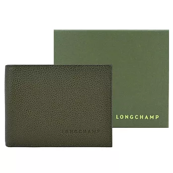 LONGCHAMP LE FOULONN?系列牛皮雙折零錢袋多卡短夾 卡其綠