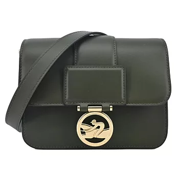 LONGCHAMP BOX-TROT系列小牛皮金屬LOGO翻蓋斜背包(小) 卡其綠