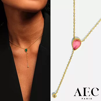 AEC PARIS 巴黎品牌 白鑽粉水晶項鍊 優雅金色Y字鍊 CHAIN NECKLACE ISADORA