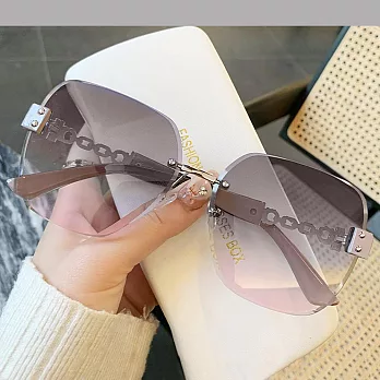 seoul show首爾秀 復古無框切邊高級感鎖鏈鏡腿太陽眼鏡UV400墨鏡 0928  銀框灰紫片