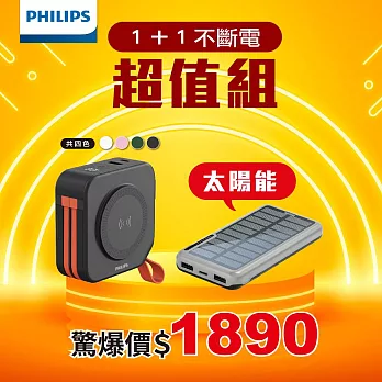 【充電超值組】PHILIPS 飛利浦 10000mAh十合一螢幕顯示行動電源+太陽能10000mAh行動電源 DLP4347C+DLP7728N/96 百搭黑