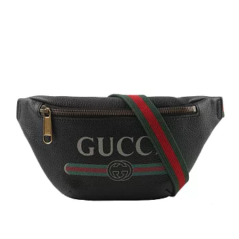 GUCCI 小牛皮 LOGO Print 紅綠織帶腰包(小)_展示品 (黑色)