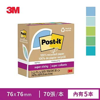 3M Post-it 利貼 狠黏 100%環保再生紙-3x3便條紙(70張x5本)-三色任選 藍綠色系