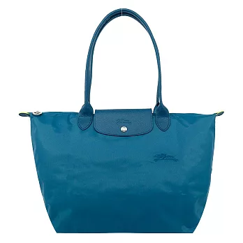 LONGCHAMP LE PLIAGE GREEN系列刺繡長把再生尼龍摺疊水餃包(大) 孔雀藍