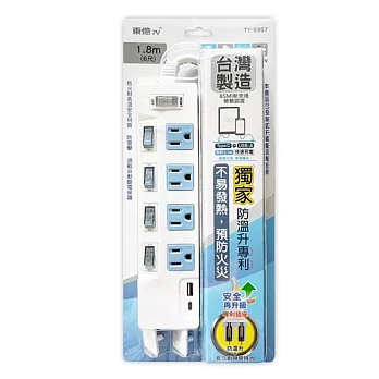 東億5開關4插座 USB-A+Type C延長線1.8公尺(6尺) TY-S907-6尺