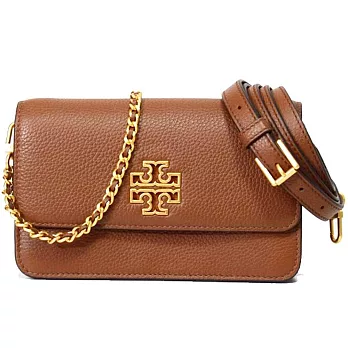 TORY BURCH 雙T LOGO翻蓋皮革斜背鍊包-焦糖 焦糖