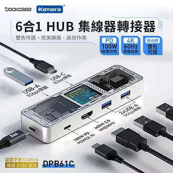 Dockcase 100W PD3.0供電 USB 3.2 Gen 1傳輸4K 60Hz 6合1 HUB USB-C集線器/轉接器 DPB61C 擴展平台 多功能擴展塢 太空銀