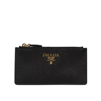 PRADA 金色浮雕Logo 防刮皮革拉鍊卡片夾/零錢包 (黑色)