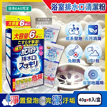 日本KAO花王-浴室排水口用免刷洗去汙消臭強力發泡清潔粉40gx6入/盒 (大容量浴廁水孔洗淨劑,衛浴地漏除黑霉皂垢潔淨粉,靜置清潔淋浴間水蓋)