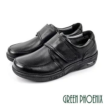 【GREEN PHOENIX】女 休閒鞋 氣墊鞋 全黑工作鞋 皮鞋 輕量 厚底 全真皮 沾黏式 EU42 黑色