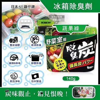 日本ST雞仔牌-脫臭炭強力消臭凝膠型備長炭冰箱薄型除臭劑1入/盒(冷藏室防串味除臭凍,蔬果室吸附異味淨味盒,活性炭冷凍庫長效去味劑) 蔬果綠140g
