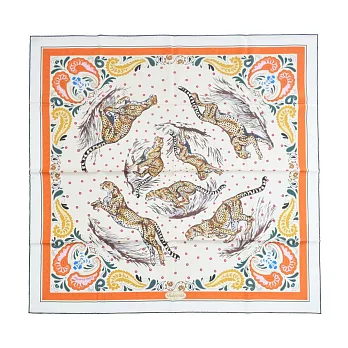 Hermes 愛馬仕 Guepards Bandana 90 手工捲邊斜紋真絲雙面方巾(奶油/橘/棕)