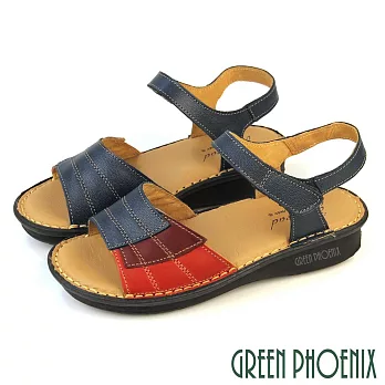 【GREEN PHOENIX】女 涼鞋 厚底 小坡跟 吸震減壓 全真皮 牛皮 台灣製 EU35 藍色