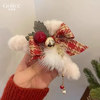 【Gulicc】髮夾 聖誕氣氛 毛絨蝴蝶結抓夾 (雪白紅格)
