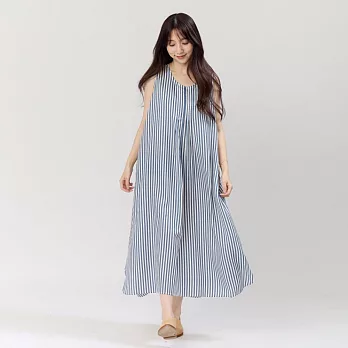 好我_Nana無袖前摺直條印花洋裝 FREE 藍白細條