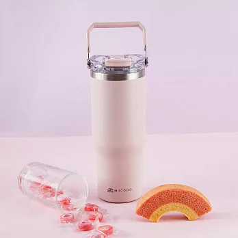 【伴佳家】陶瓷雙飲提提杯 直飲/吸管兩用 曦光粉