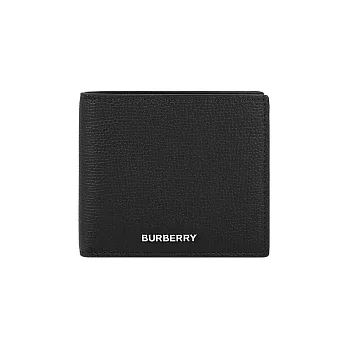 BURBERRY 銀色Logo 紋理牛皮對開8卡短夾 (黑色)