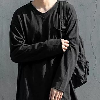 日本Antiqua｜復古質感V領口袋｜長袖T恤｜全棉輕鬆駕馭隨興造型｜實穿包色基本款｜男女適用 M-L 黑色Regular