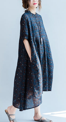 【A.Cheter】佛羅倫斯歐利大道藝術格紋寬鬆冰絲棉洋裝#j104325F藍