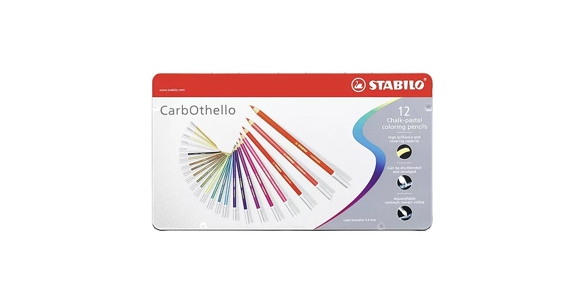 STABILO 德國天鵝牌 CarbOthello系列 4.4mm 水溶性粉彩筆 12色 鐵盒裝型號:1412-6