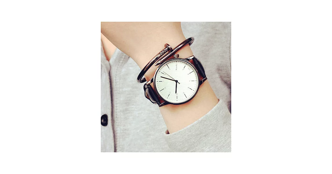 Watch-123 交換禮物-刻度加數字標情侶黑白腕錶 (6色可選)黑帶白面x女