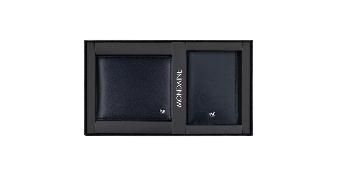 MONDAINE 瑞士國鐵黑標牛皮八卡短夾+名片夾禮盒