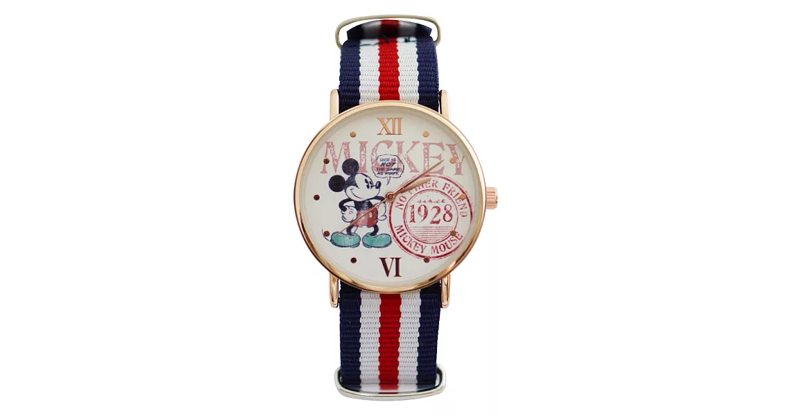 Disney 授權迪士尼系列 英倫風格多種顏色休閒帆布錶帶搭配玫金錶框- 1928 米奇