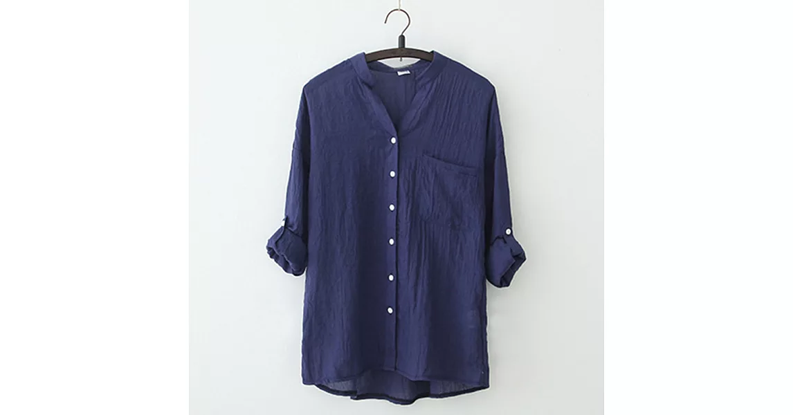 【A.Cheter】日系小清新寬鬆棉麻感七分袖襯衫000087M深藍