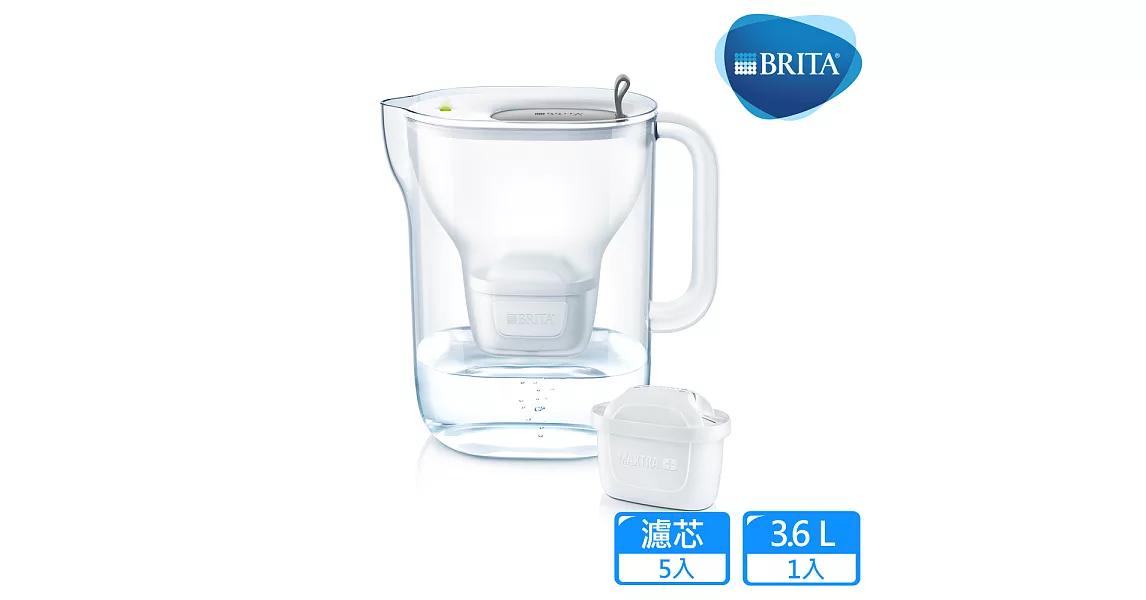 【德國BRITA】Style 3.6L純淨濾水壺+ 4入MAXTRA Plus濾芯_ (共5芯)灰色