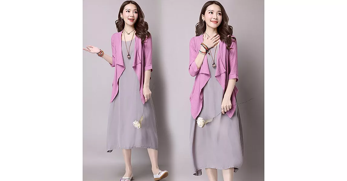 【NUMI】復古-時尚文藝純色披肩連衣裙兩件套-共4色-91404-(M-2XL可選)2XL外紫色+內灰色