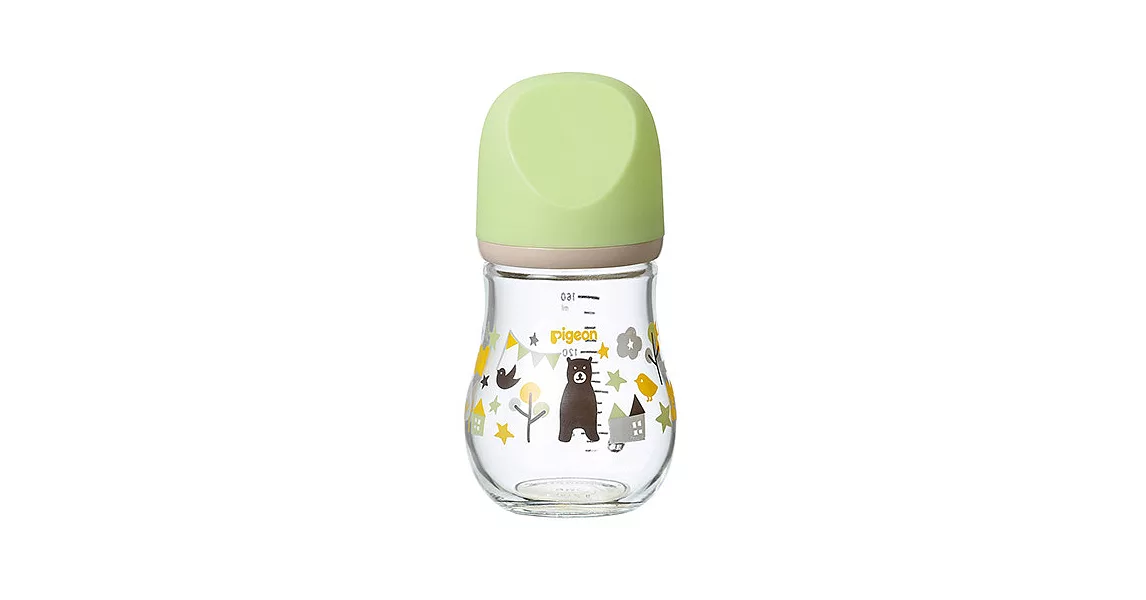 Pigeon 貝親設計款母乳實感玻璃奶瓶160ml(熊/綠)