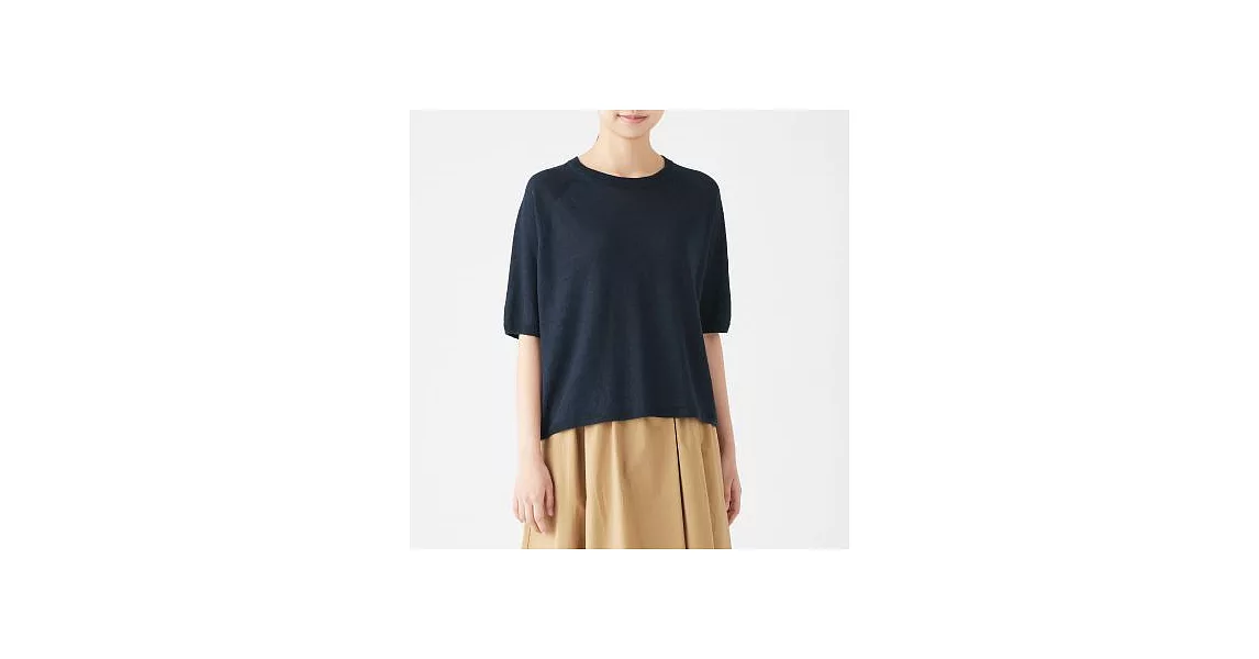 [MUJI無印良品]女法國亞麻短袖針織衫M~L深藍