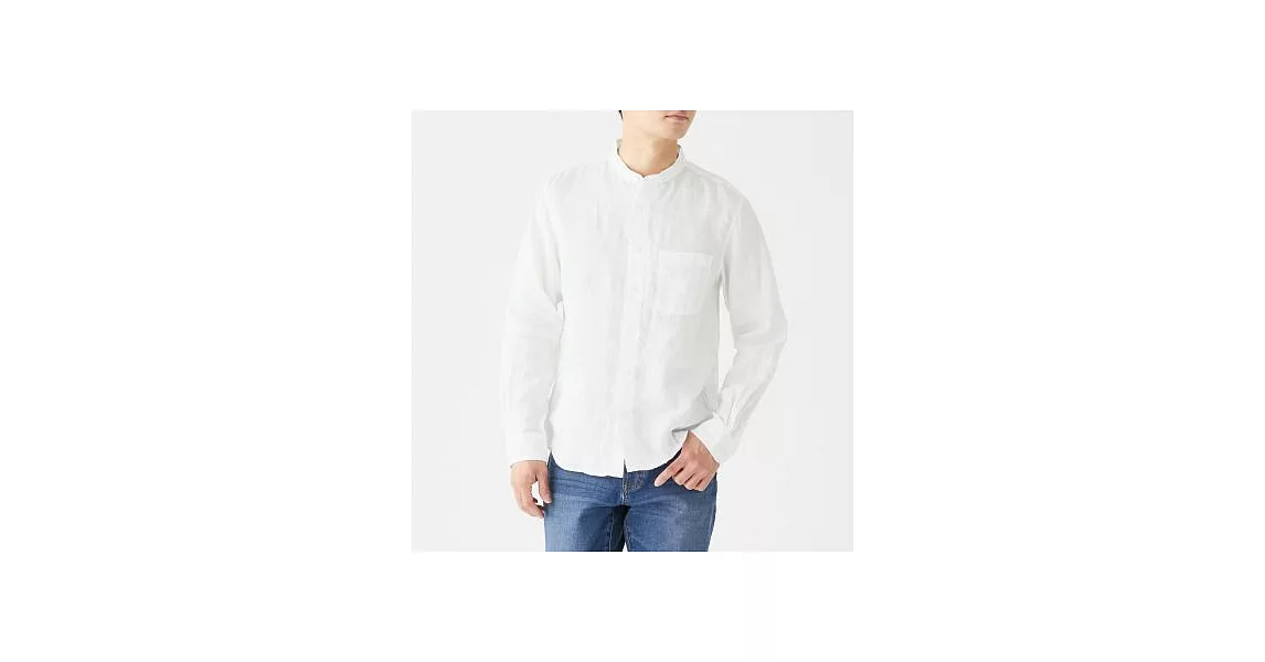 [MUJI無印良品]男法國亞麻水洗立領襯衫S白色