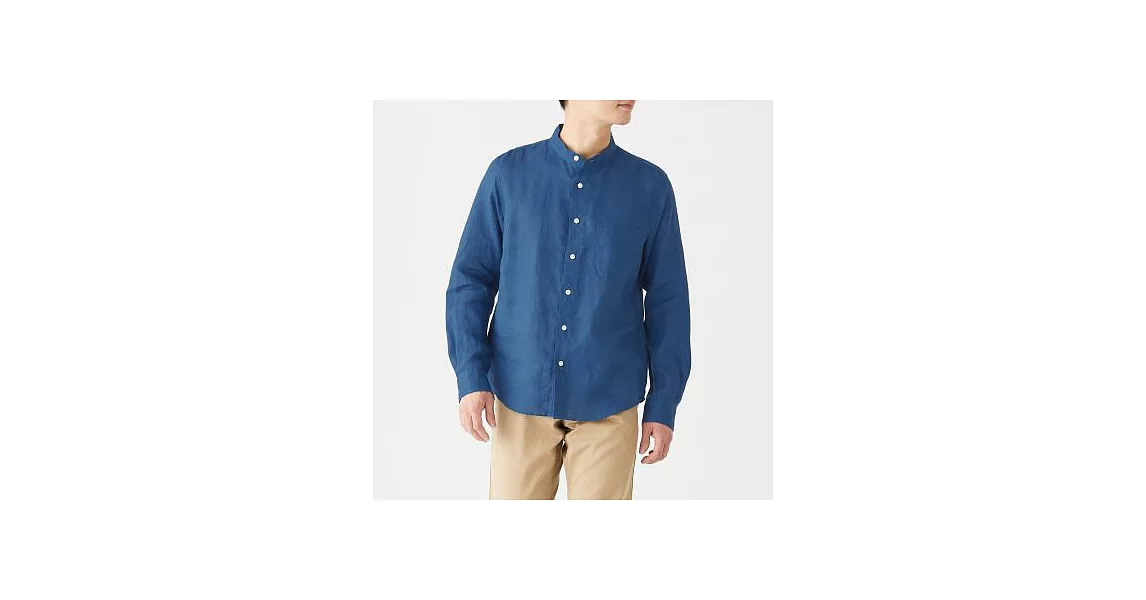 [MUJI無印良品]男法國亞麻水洗立領襯衫S藍色
