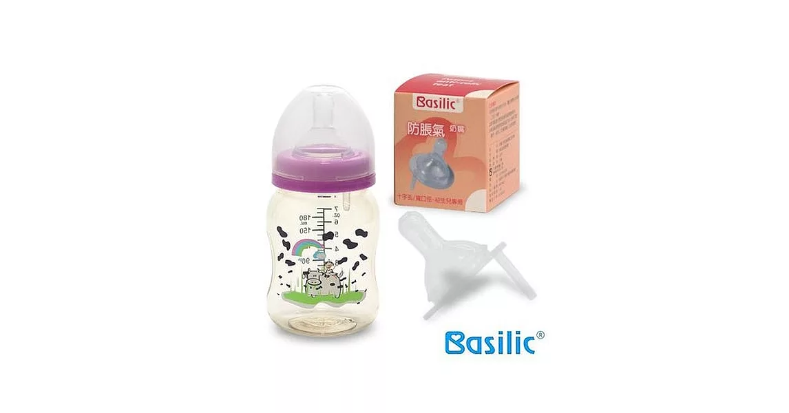 【貝喜力克】防脹氣寬口徑PES乳牛奶瓶180ml(加送十字奶嘴2入)奶嘴尺寸：M+L