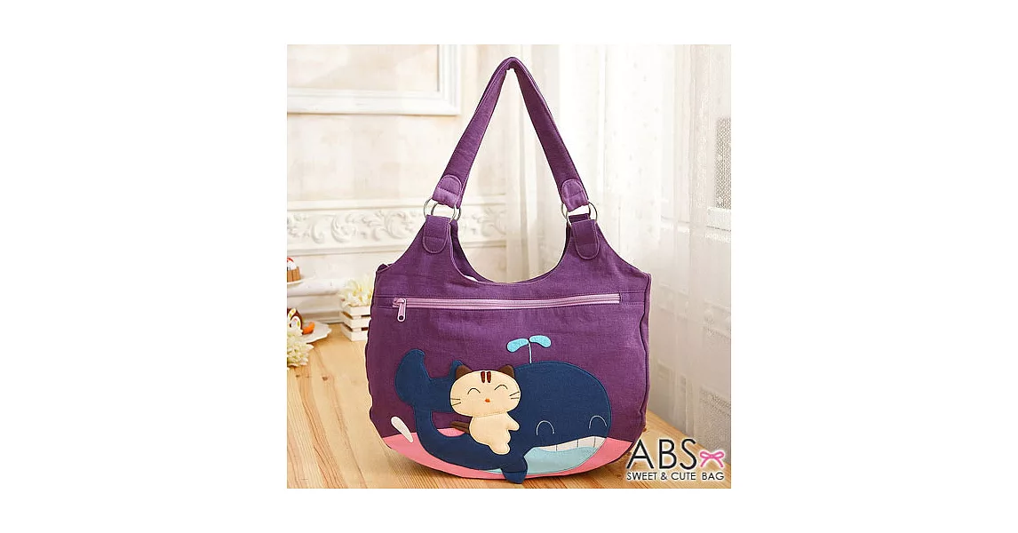 ABS貝斯貓 微笑貓咪騎鯨拼布包 手提包/肩提包 (典雅紫) 88-172
