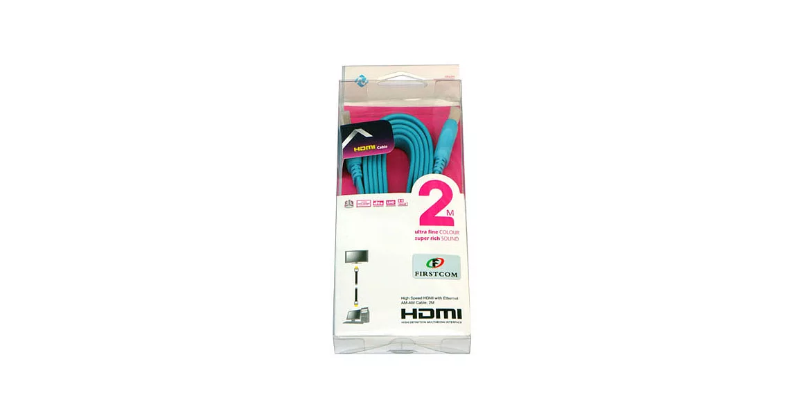 FIRSTCOM HDMI扁線1.4版(19+1線芯)超高畫質影音線2米-粉藍色