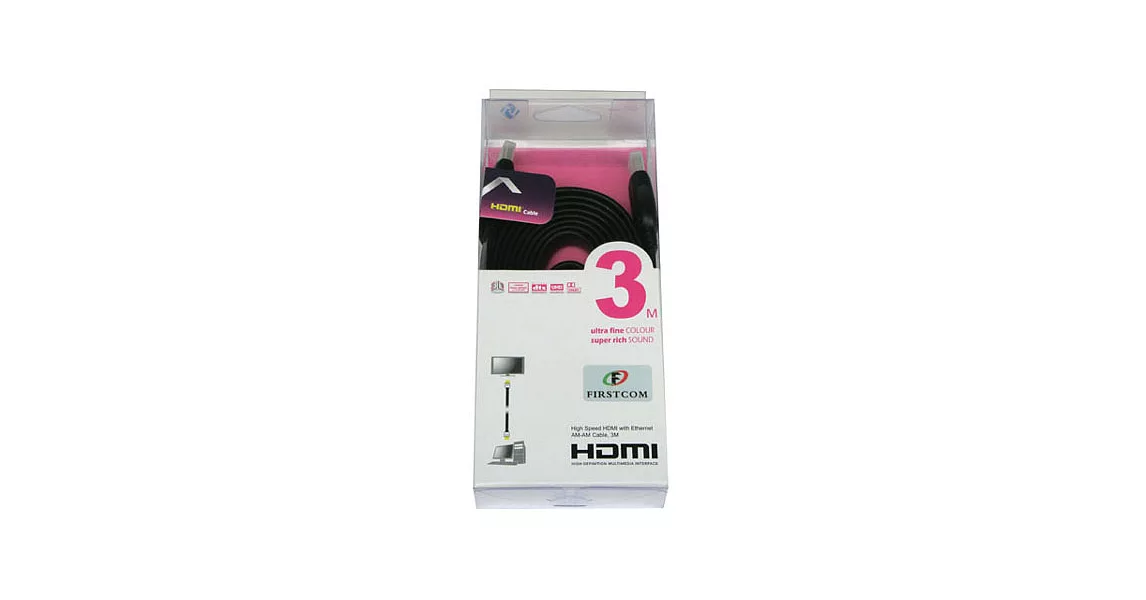 FIRSTCOM HDMI扁線1.4版(19+1線芯)超高畫質影音線3米-黑色
